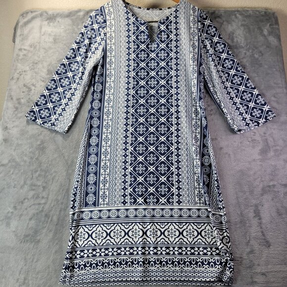 Boho Tunic Dress Womens M Navy White 3/4 Sleeve Geometric Print Resort Casual - Picture 1 of 9